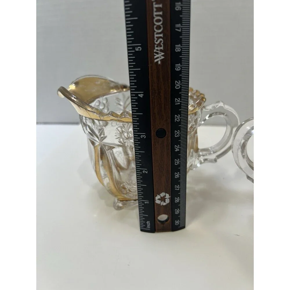 Antique 1897 EAPG Glass Sugar And Creamer Set Harvard Yard Gold Gilding Trim
